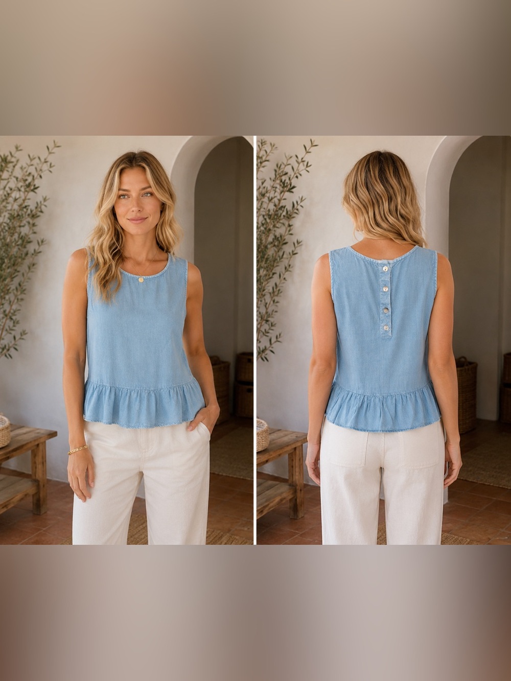 Super Soft Chambray Peplum Top Top